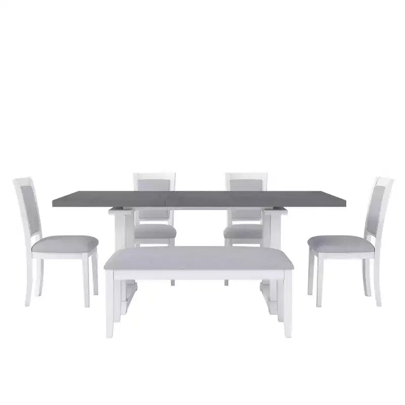 Whisen Set da Pranzo Rustico Allungabile 6 Pezzi, Tavolo da Pranzo a Cavalletto da 76,9 Pollici e 4 Sedie da Pranzo Imbottite, 1 Panca