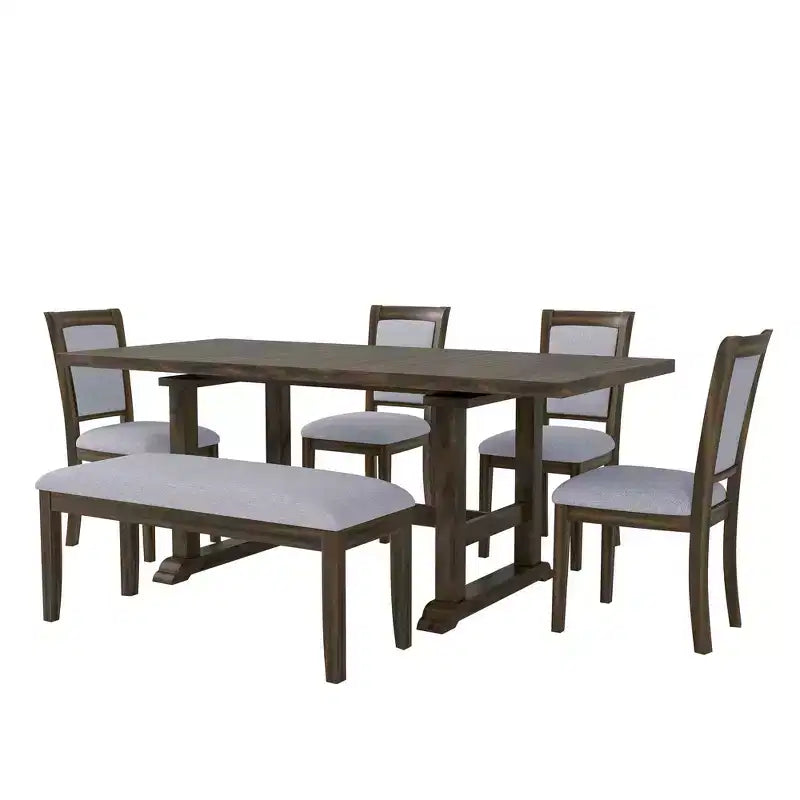 Whisen Set da Pranzo Rustico Allungabile 6 Pezzi, Tavolo da Pranzo a Cavalletto da 76,9 Pollici e 4 Sedie da Pranzo Imbottite, 1 Panca