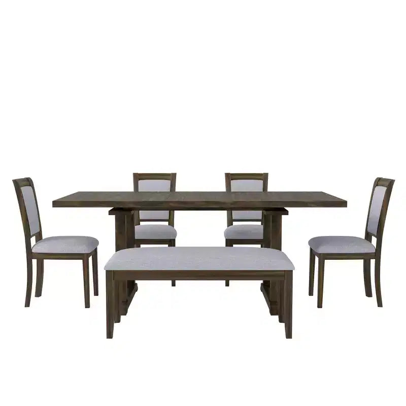 Whisen Set da Pranzo Rustico Allungabile 6 Pezzi, Tavolo da Pranzo a Cavalletto da 76,9 Pollici e 4 Sedie da Pranzo Imbottite, 1 Panca