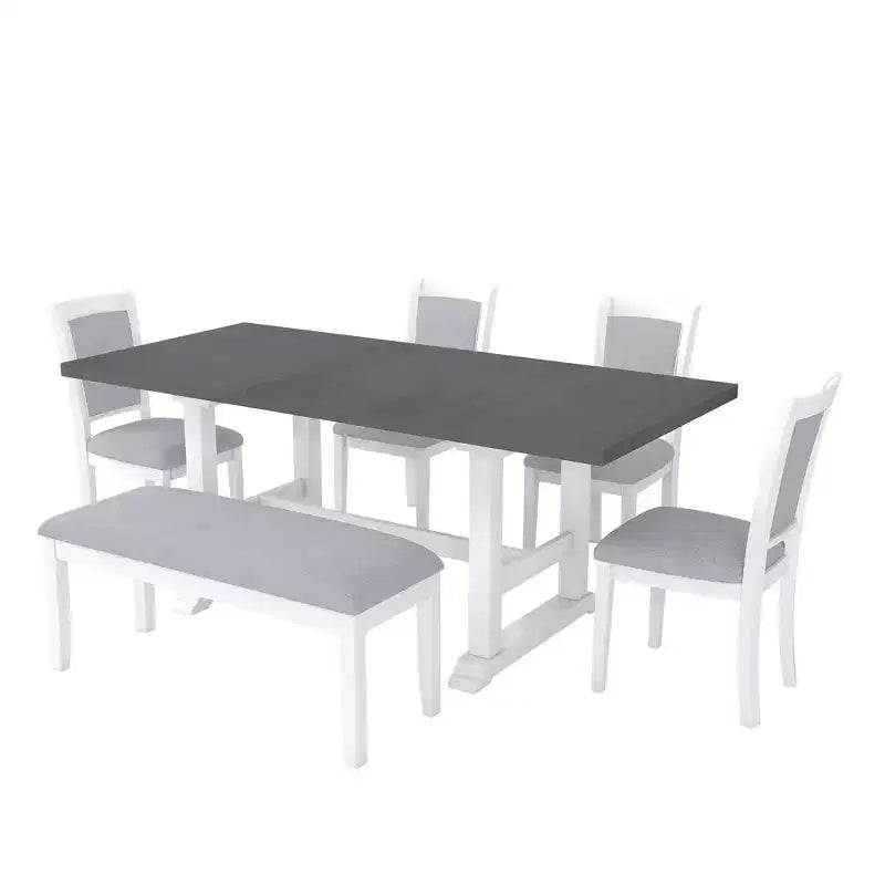 Whisen Set da Pranzo Rustico Allungabile 6 Pezzi, Tavolo da Pranzo a Cavalletto da 76,9 Pollici e 4 Sedie da Pranzo Imbottite, 1 Panca