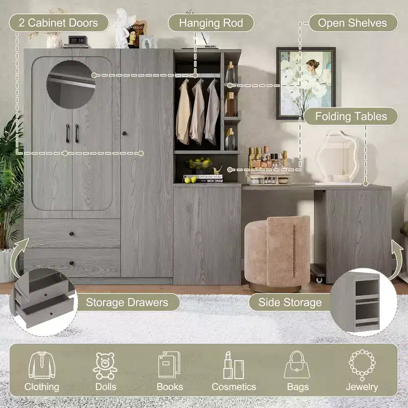 Armadio multifunzionale in legno GDFStudio Phyllis con scrivania trasformabile