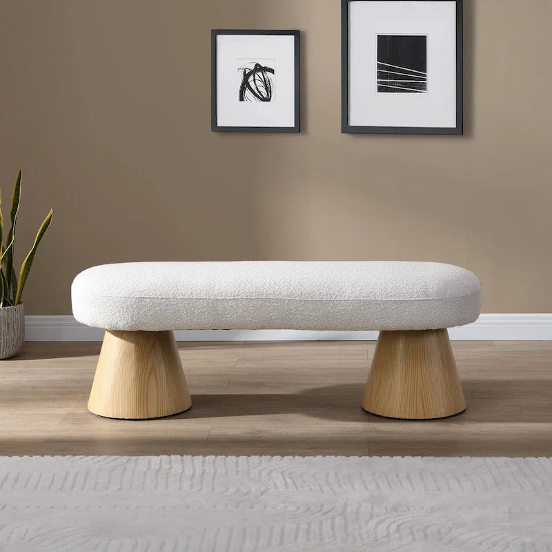 Panca imbottita da pranzo con gambe in legno, seduta da ingresso in tessuto beige