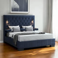 HomeRoots Navy Blue And Upholstered Lighted Queen Bed Frame with USB