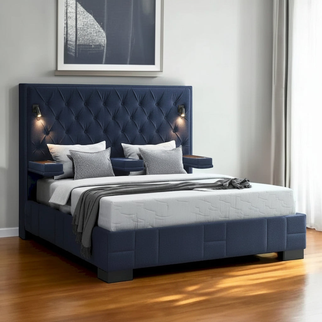 HomeRoots Navy Blue And Upholstered Lighted Queen Bed Frame with USB