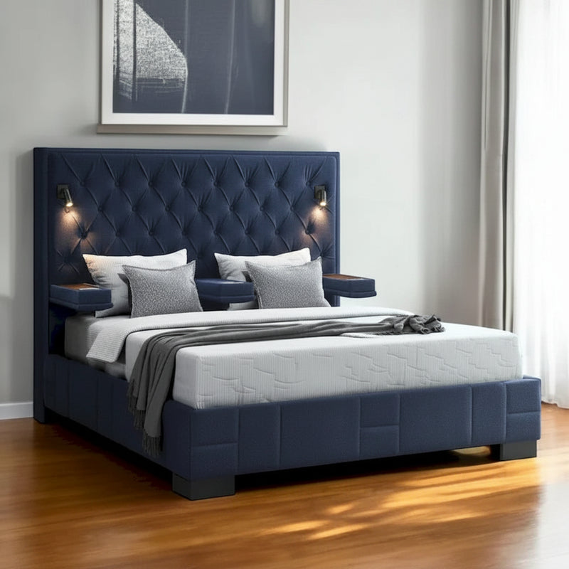 HomeRoots Navy Blue And Upholstered Lighted Queen Bed Frame with USB
