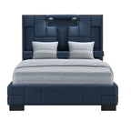 Struttura letto matrimoniale queen size in tessuto blu navy con luci e USB