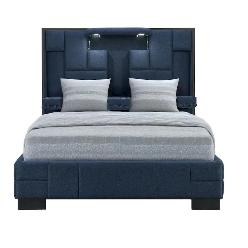 Struttura letto matrimoniale queen size in tessuto blu navy con luci e USB