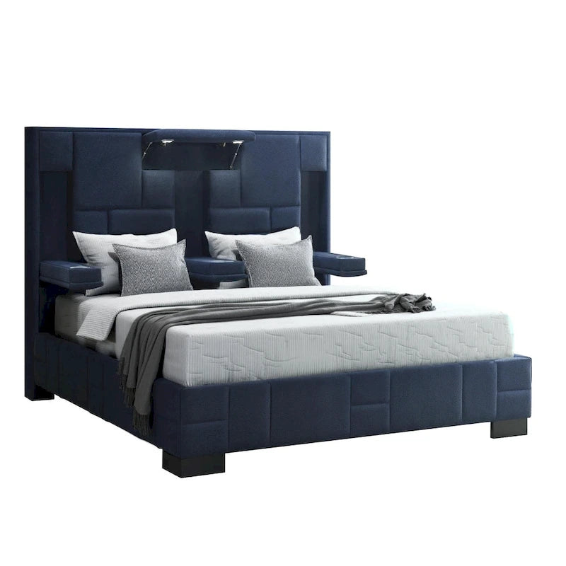 Struttura letto matrimoniale queen size in tessuto blu navy con luci e USB