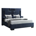 Struttura letto matrimoniale queen size in tessuto blu navy con luci e USB