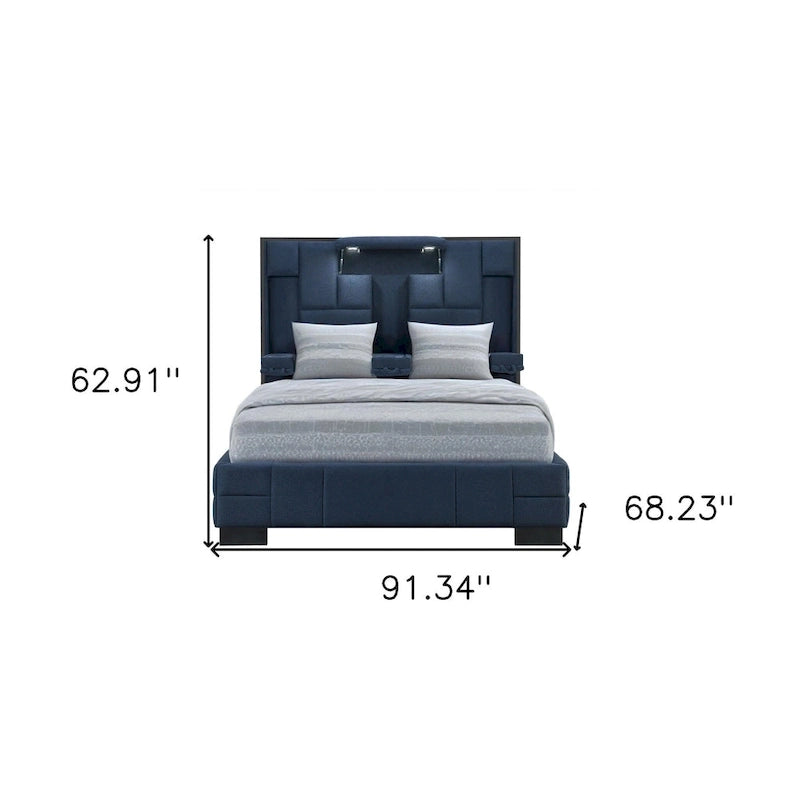 Struttura letto matrimoniale queen size in tessuto blu navy con luci e USB