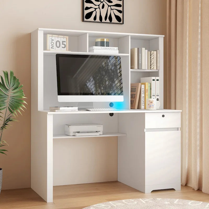 Scrivania Moderna per Computer con Porte di Ricarica e Scomparti Richiudibili per l'Ufficio Domestico o Spazi di Lavoro Compatti