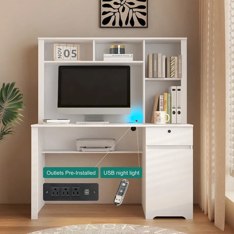Scrivania Moderna per Computer con Porte di Ricarica e Scomparti Richiudibili per l'Ufficio Domestico o Spazi di Lavoro Compatti
