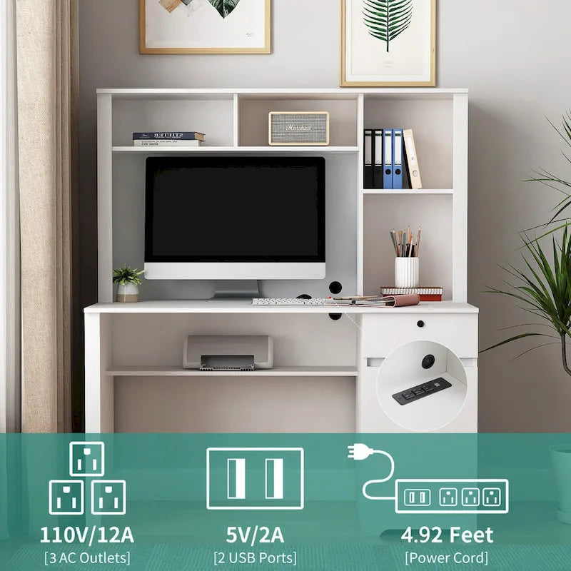 Scrivania Moderna per Computer con Porte di Ricarica e Scomparti Richiudibili per l'Ufficio Domestico o Spazi di Lavoro Compatti