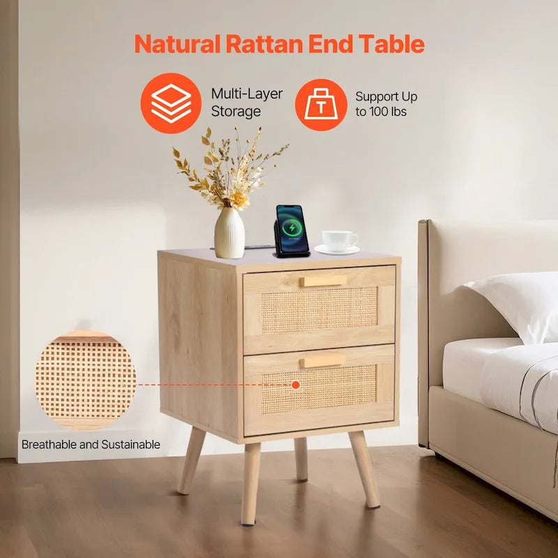 Comodino/Tavolino Laterale in Legno Naturale con 2 Cassetti Decorati in Rattan e Porte USB