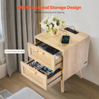 Comodino/Tavolino Laterale in Legno Naturale con 2 Cassetti Decorati in Rattan e Porte USB