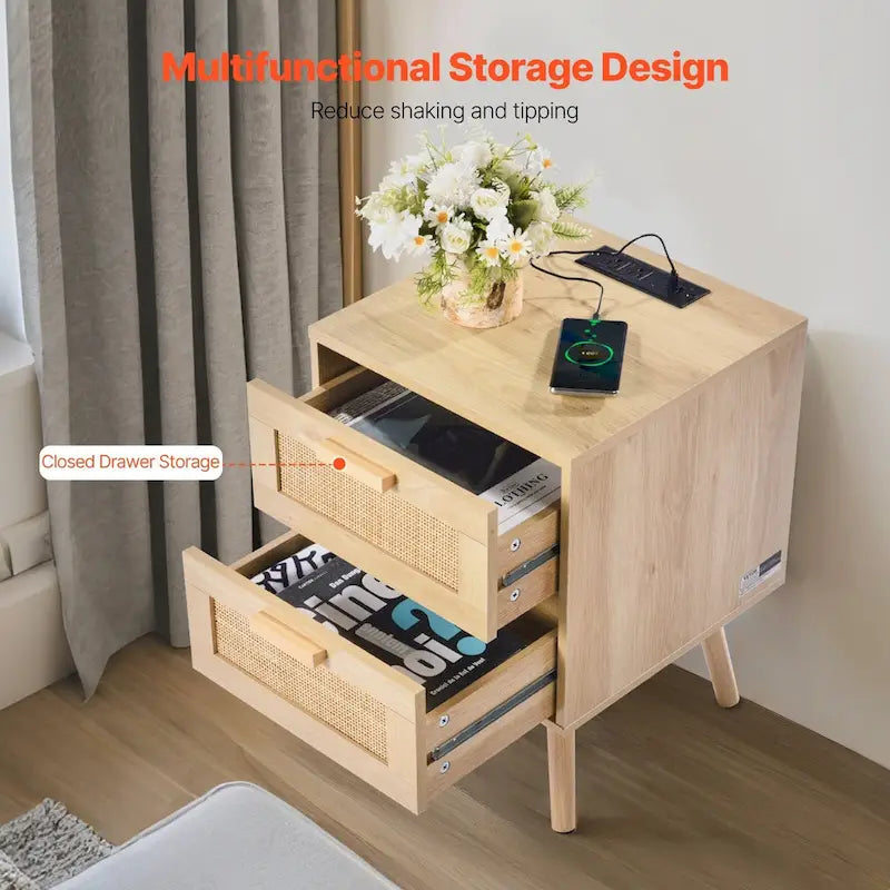 Comodino/Tavolino Laterale in Legno Naturale con 2 Cassetti Decorati in Rattan e Porte USB