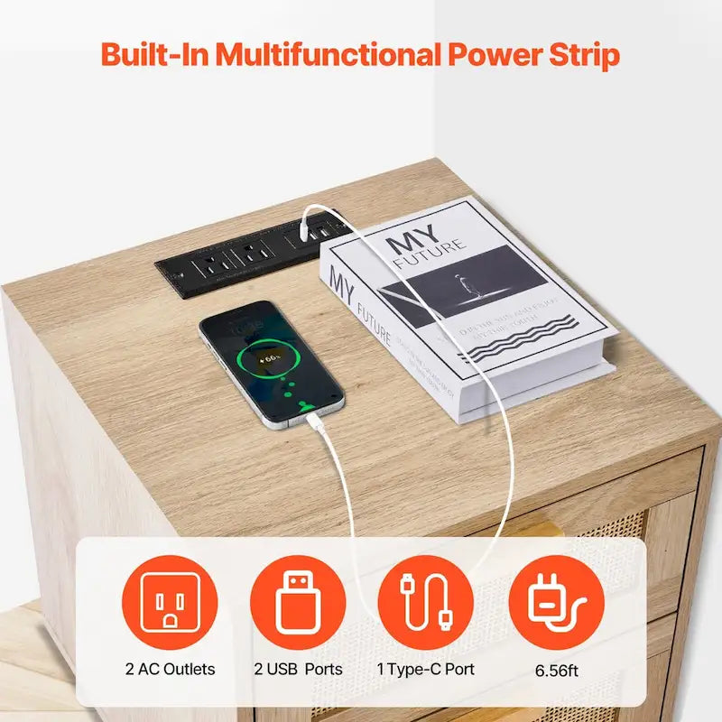 Comodino/Tavolino Laterale in Legno Naturale con 2 Cassetti Decorati in Rattan e Porte USB
