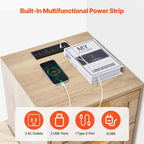 Comodino/Tavolino Laterale in Legno Naturale con 2 Cassetti Decorati in Rattan e Porte USB