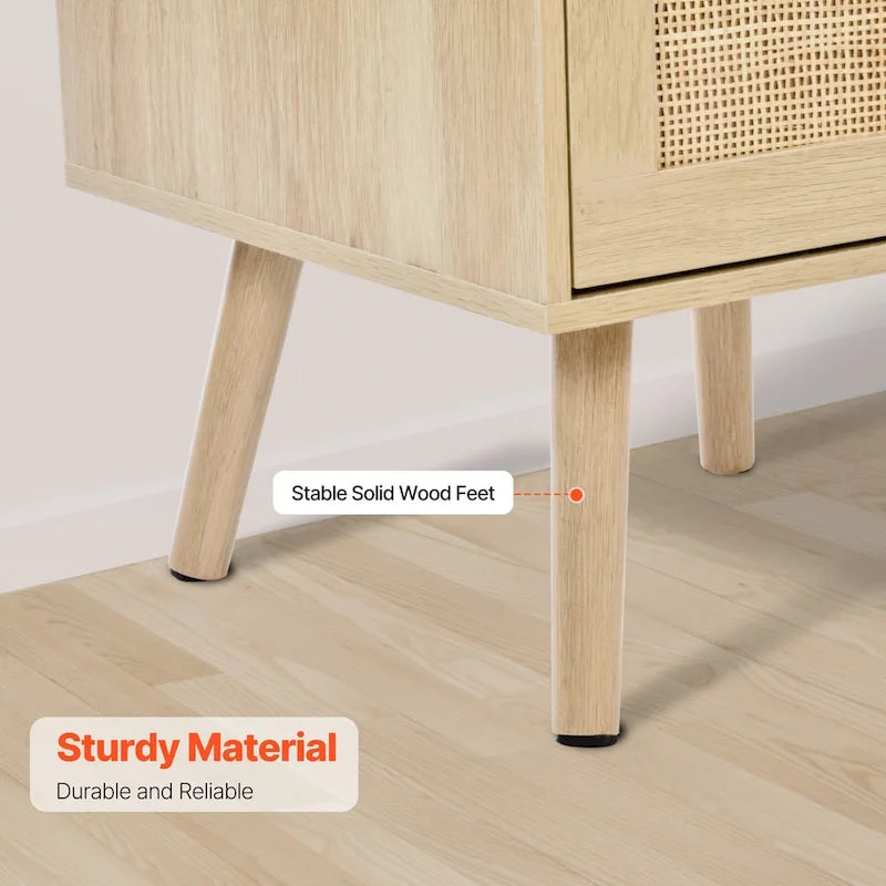 Comodino/Tavolino Laterale in Legno Naturale con 2 Cassetti Decorati in Rattan e Porte USB