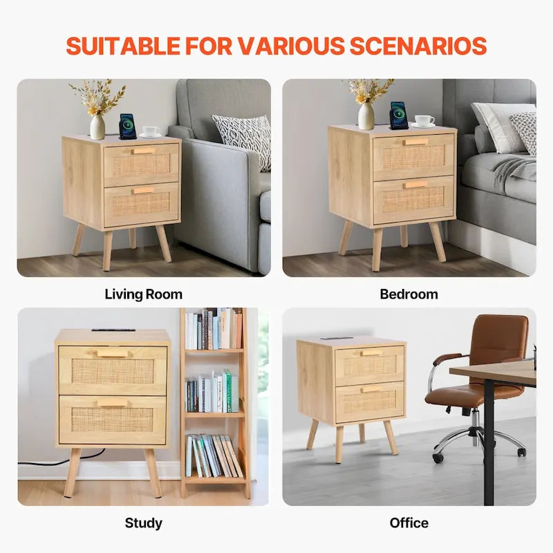 Comodino/Tavolino Laterale in Legno Naturale con 2 Cassetti Decorati in Rattan e Porte USB