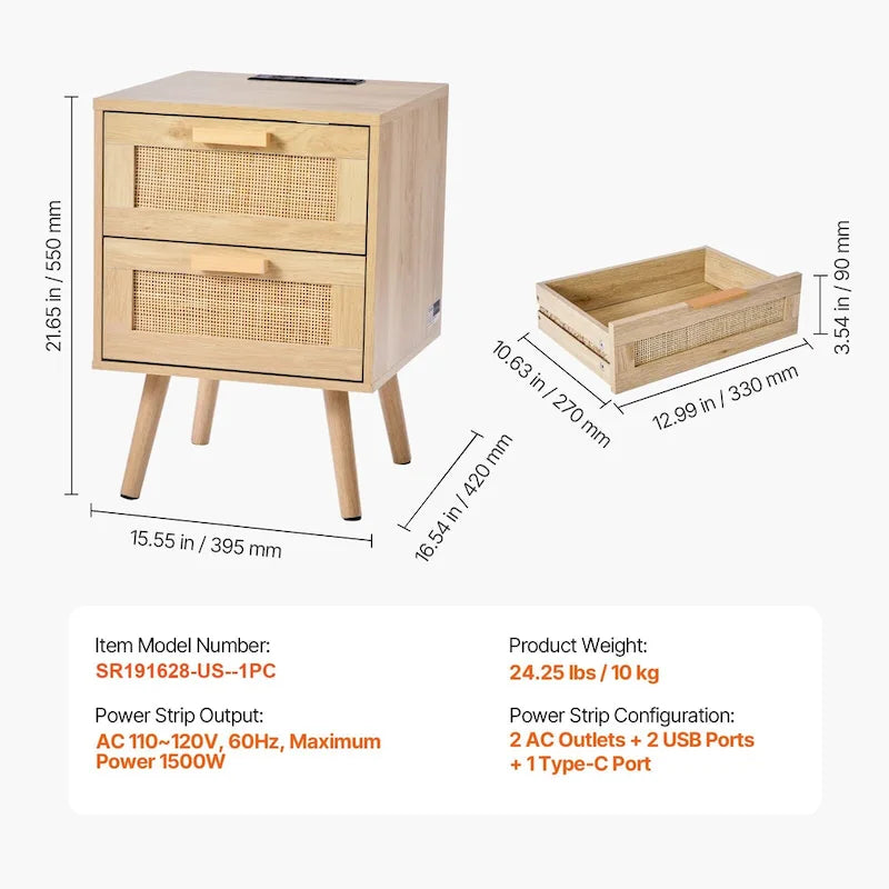 Comodino/Tavolino Laterale in Legno Naturale con 2 Cassetti Decorati in Rattan e Porte USB