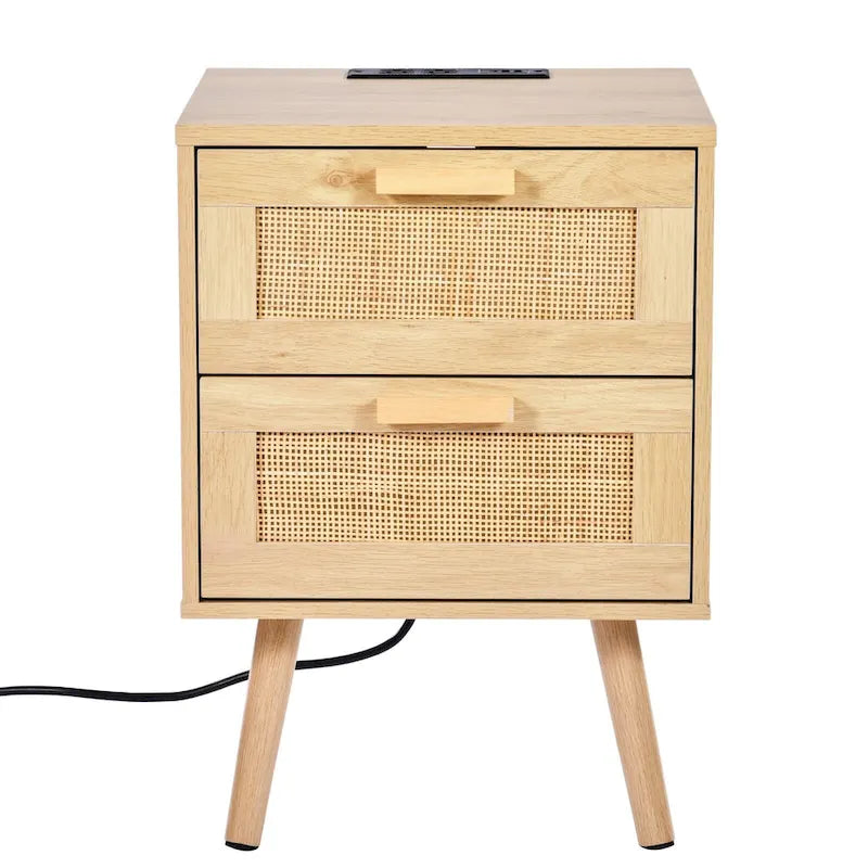 Comodino/Tavolino Laterale in Legno Naturale con 2 Cassetti Decorati in Rattan e Porte USB