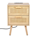 Comodino/Tavolino Laterale in Legno Naturale con 2 Cassetti Decorati in Rattan e Porte USB