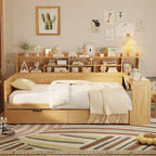 Letto singolo in legno con scaffali portaoggetti, due cassetti e scrivania, Naturale