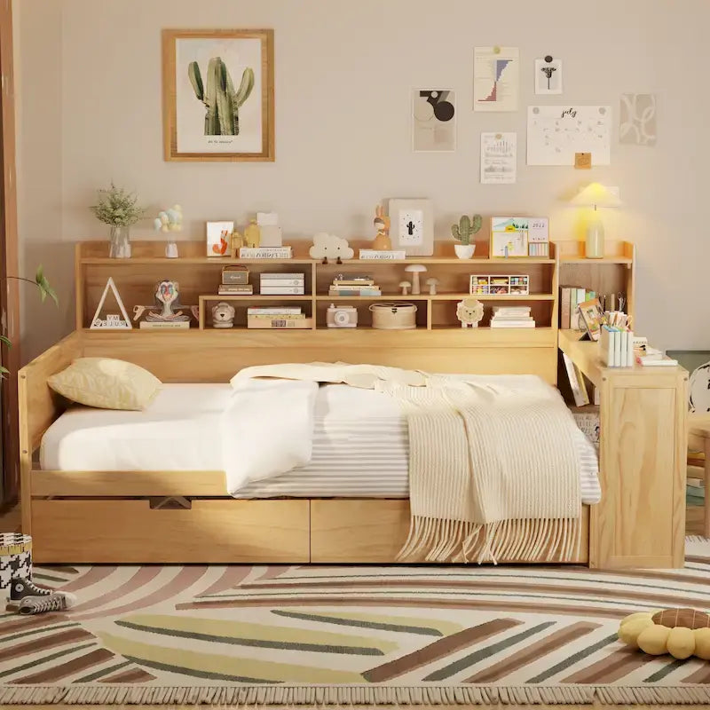 Letto singolo in legno con scaffali portaoggetti, due cassetti e scrivania, Naturale