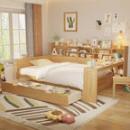 Letto singolo in legno con scaffali portaoggetti, due cassetti e scrivania, Naturale