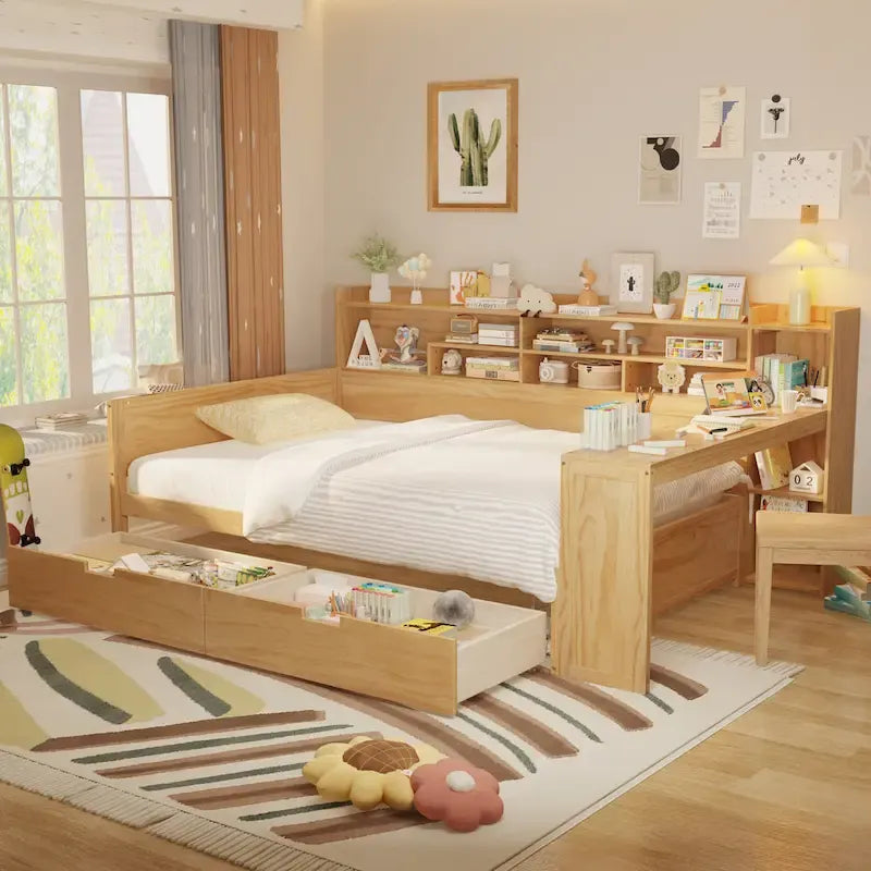 Letto singolo in legno con scaffali portaoggetti, due cassetti e scrivania, Naturale