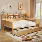 Letto singolo in legno con scaffali portaoggetti, due cassetti e scrivania, Naturale