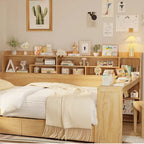 Letto singolo in legno con scaffali portaoggetti, due cassetti e scrivania, Naturale