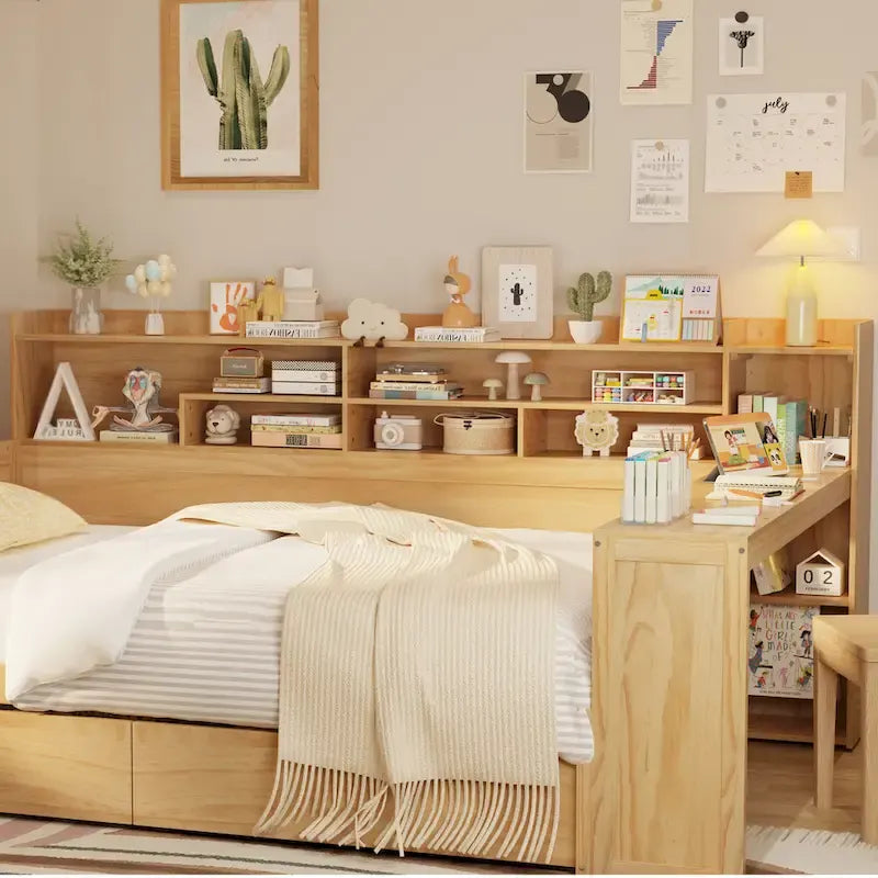 Letto singolo in legno con scaffali portaoggetti, due cassetti e scrivania, Naturale