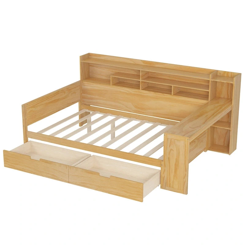 Letto singolo in legno con scaffali portaoggetti, due cassetti e scrivania, Naturale