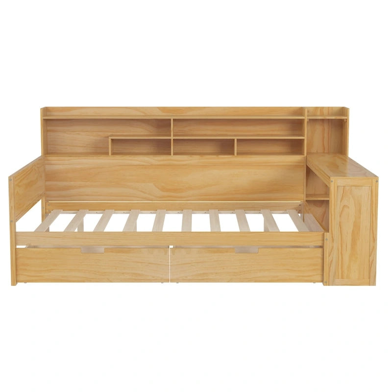 Letto singolo in legno con scaffali portaoggetti, due cassetti e scrivania, Naturale