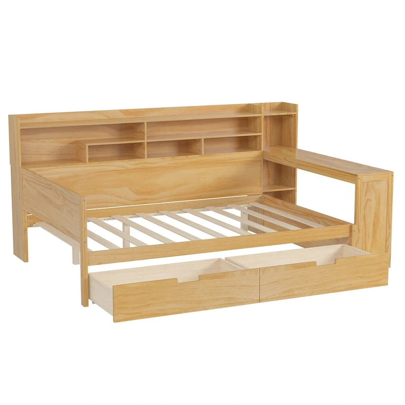 Letto singolo in legno con scaffali portaoggetti, due cassetti e scrivania, Naturale
