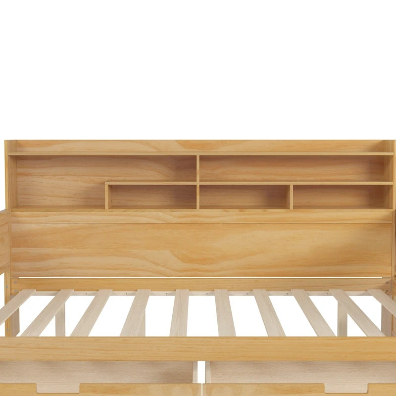 Letto singolo in legno con scaffali portaoggetti, due cassetti e scrivania, Naturale
