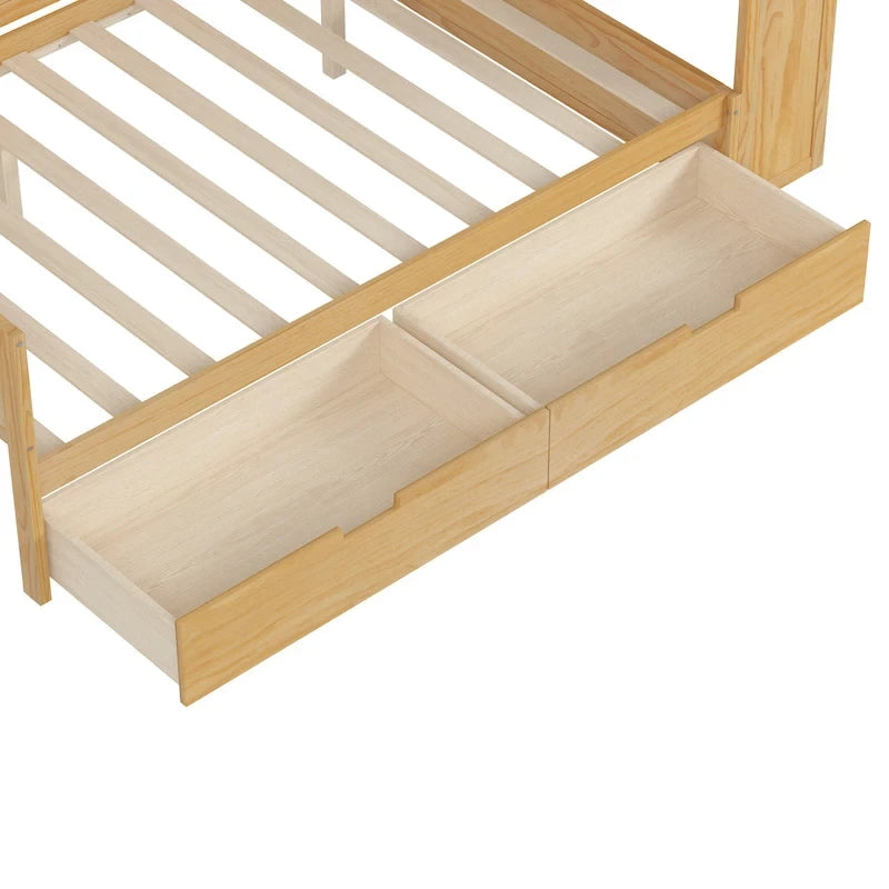 Letto singolo in legno con scaffali portaoggetti, due cassetti e scrivania, Naturale