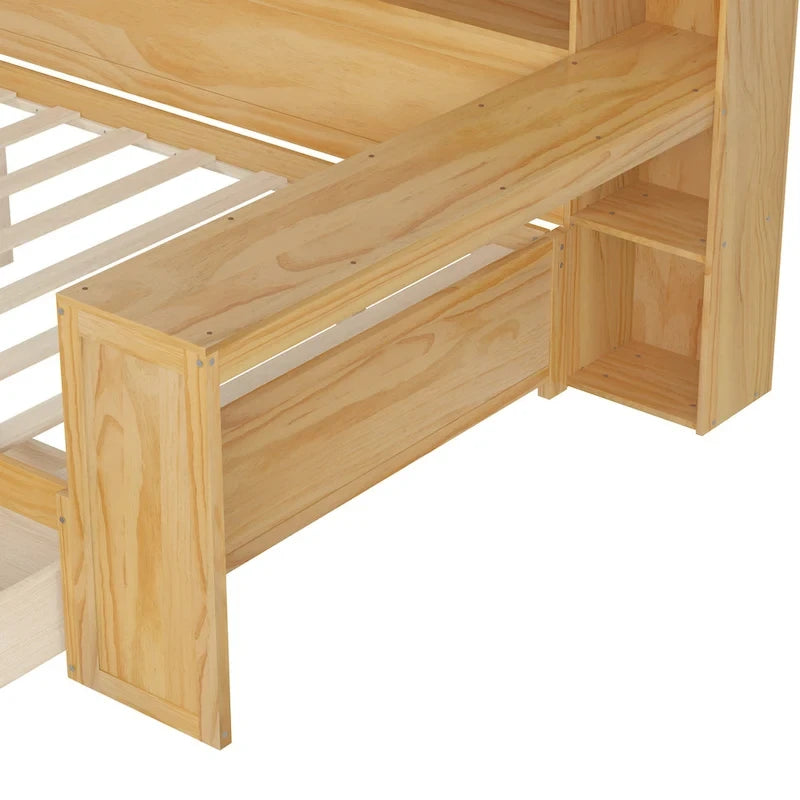 Letto singolo in legno con scaffali portaoggetti, due cassetti e scrivania, Naturale