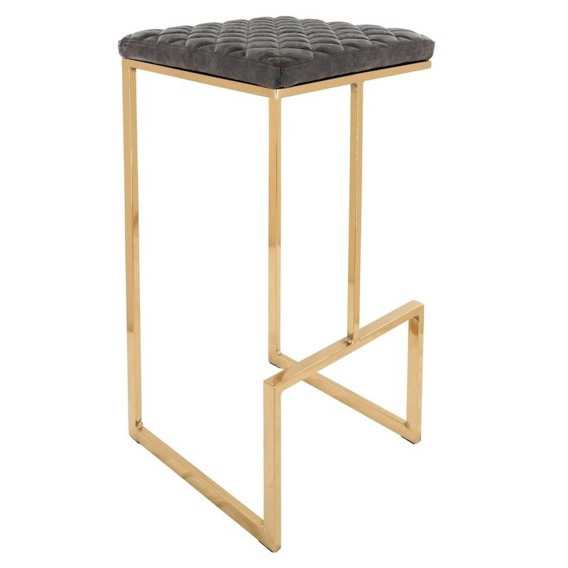 Sgabello da bar moderno in pelle Quincy con seduta quadrata imbottita in metallo dorato e poggiapiedi per bar di casa e bancone da cucina