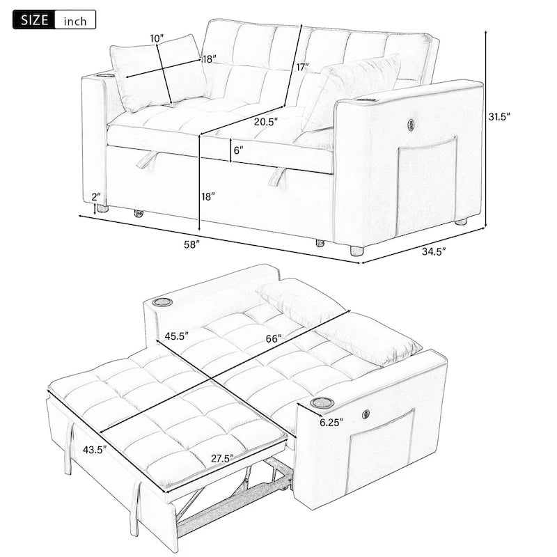 Divano Letto Trasformabile Moderno con Portabicchieri e Porta USB