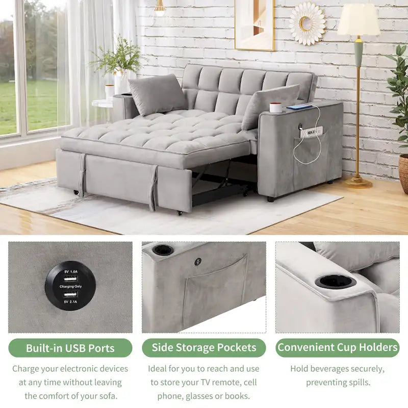 Divano Letto Trasformabile Moderno con Portabicchieri e Porta USB