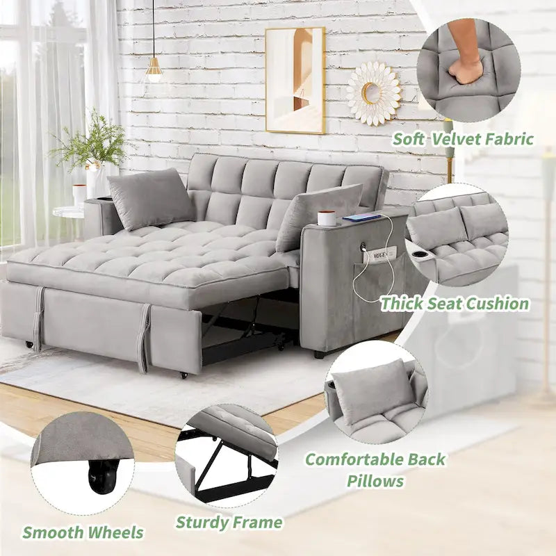 Divano Letto Trasformabile Moderno con Portabicchieri e Porta USB