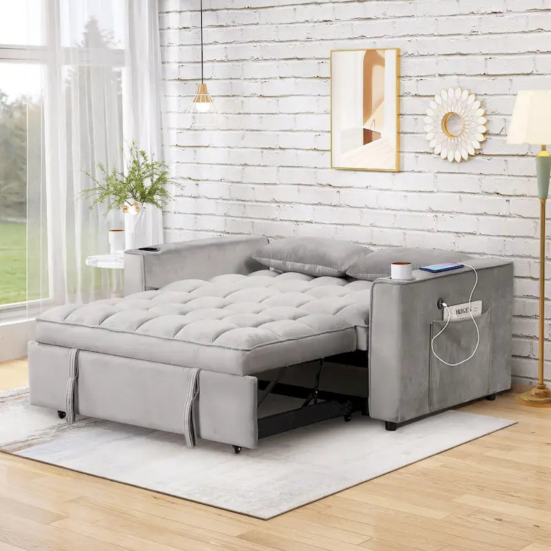 Divano Letto Trasformabile Moderno con Portabicchieri e Porta USB