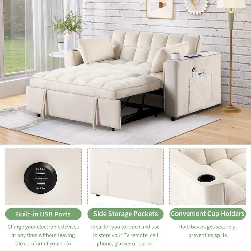 Divano Letto Trasformabile Moderno con Portabicchieri e Porta USB