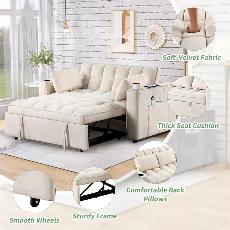 Divano Letto Trasformabile Moderno con Portabicchieri e Porta USB