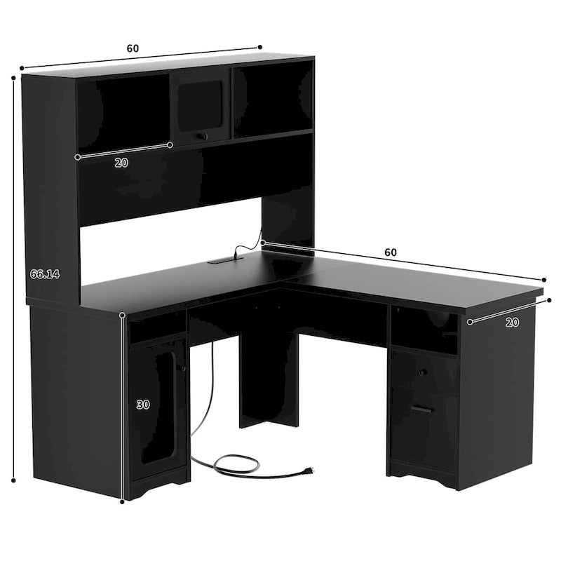 Scrivania angolare a L per computer con credenza cassetti e prese di corrente