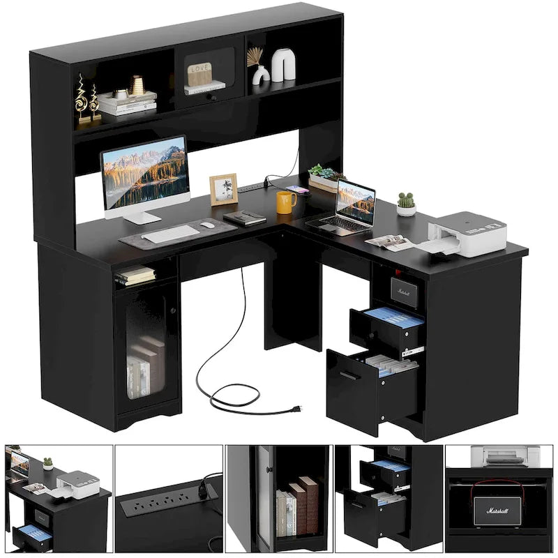 Scrivania angolare a L per computer con credenza cassetti e prese di corrente