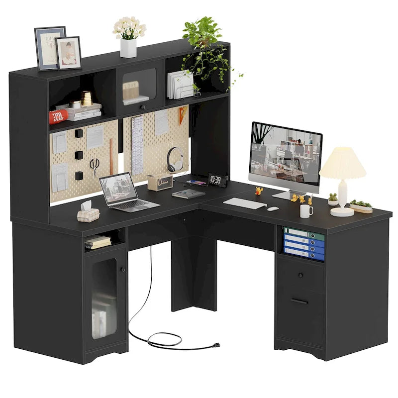 Scrivania angolare a L per computer con credenza cassetti e prese di corrente